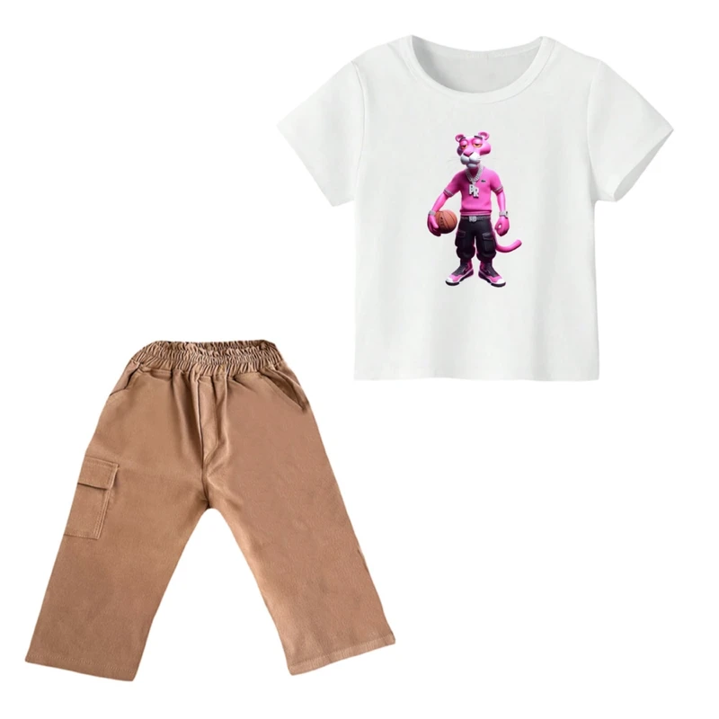 ست تی شرت و شلوارک پسرانه مدل پلنگ صورتی کد ۳