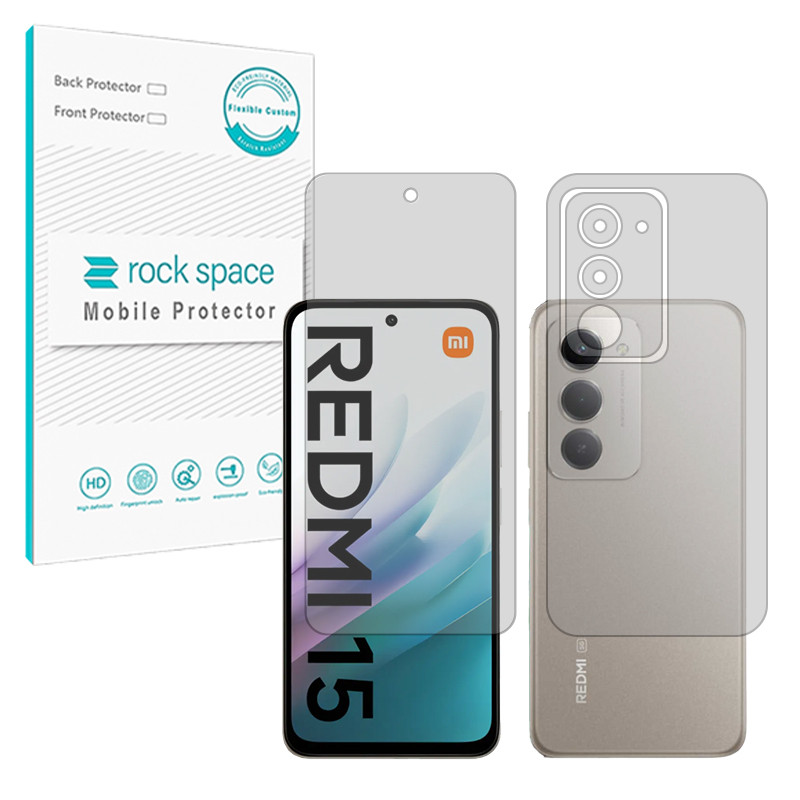محافظ صفحه نمایش شفاف راک اسپیس مدل Resistant مناسب برای گوشی موبایل شیائومی  Redmi 15 4G به همراه محافظ پشت گوشی 