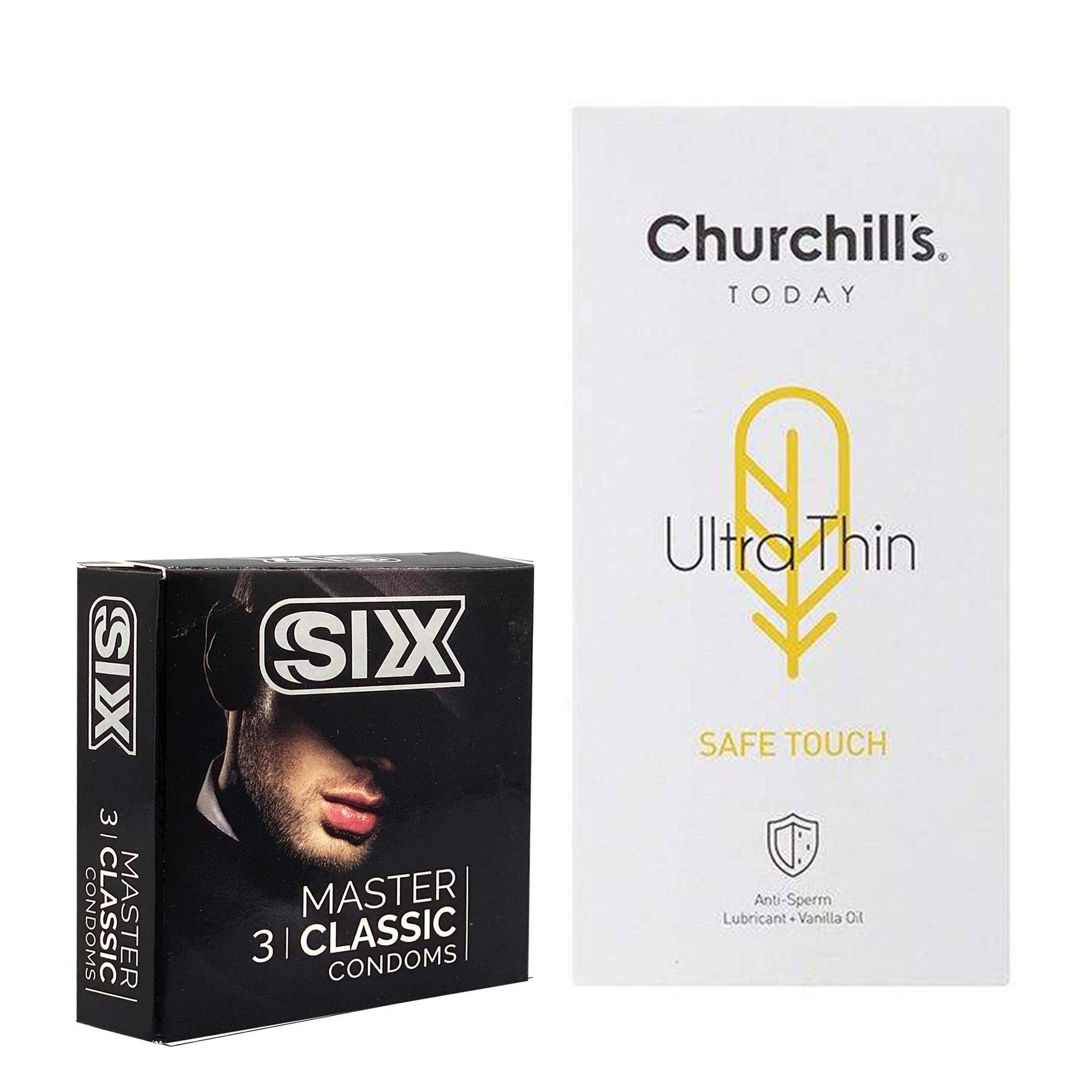 کاندوم چرچیلز مدل Safe Touch بسته 12 عددی به همراه کاندوم سیکس مدل کلاسیک بسته 3 عددی 