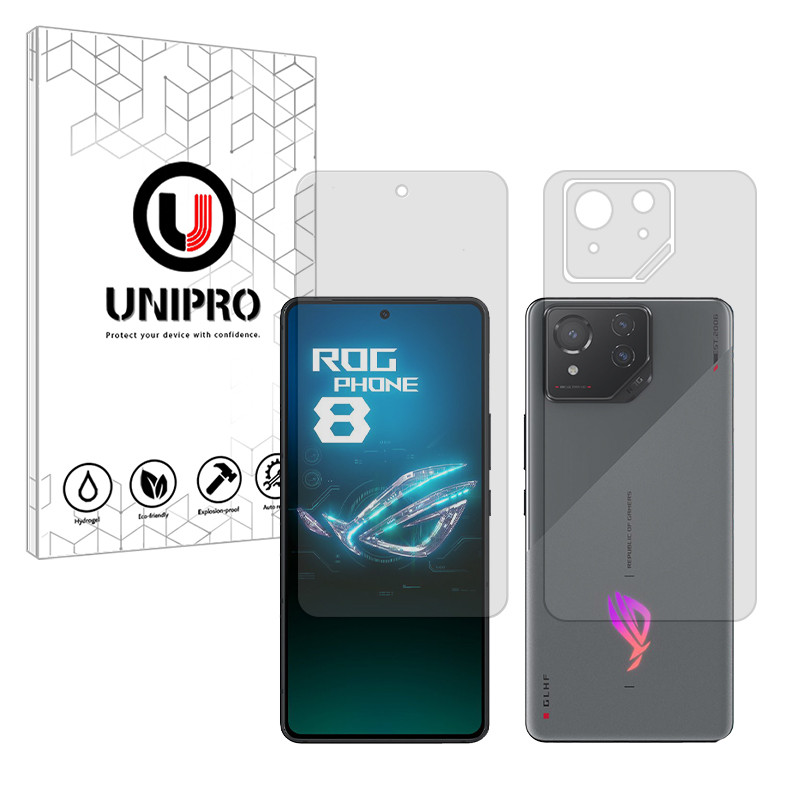 محافظ صفحه نمایش شفاف یونی پرو مدل Star 5 مناسب برای گوشی موبایل ایسوس ROG Phone 8 به همراه محافظ پشت گوشی 