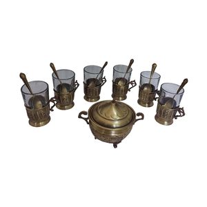 سرویس چایخوری 19 پارچه برنجی مدل قلم زنی کد 554