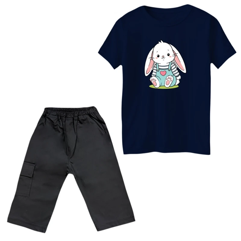 ست تی‌شرت و شلوارک دخترانه مدل خرگوش راه راه