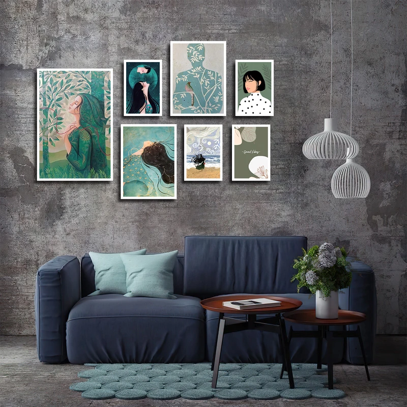 تابلو بکلیت طرح نقاشی چهره و طبیعت مدل W-3851 فریم سفید مجموعه 7 عددی