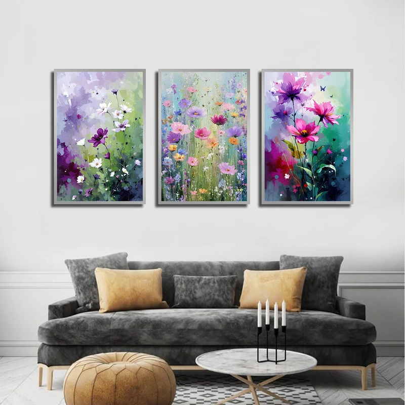 تابلو بکلیت طرح نقاشی طبیعت و گل مدل SI-3831 فریم نقره ای مجموعه 3 عددی