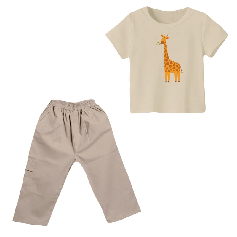 ست تی شرت و شلوارک پسرانه مدل زرافه کد ۱۴ رنگ کرم