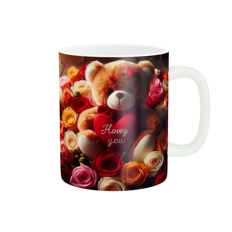 ماگ پاد آفرین طرح خرس عروسکی و گل رز کد 1009
