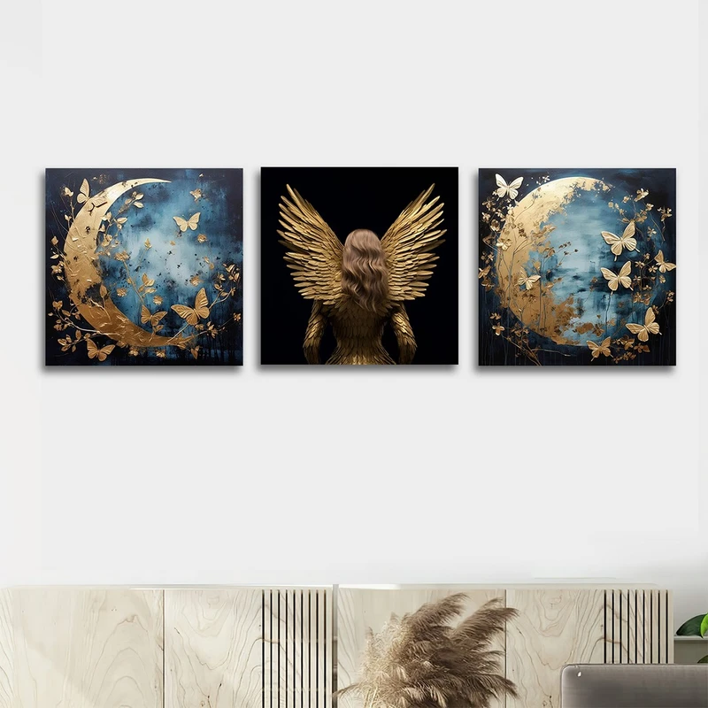 تابلو شاسی بکلیت طرح بال و ماه طلایی مدل SH-1218 مجموعه 3 عددی 