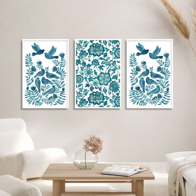 تابلو بکلیت طرح نقاشی سنتی پرنده و گل مدل W-3115 مجموعه 3 عددی