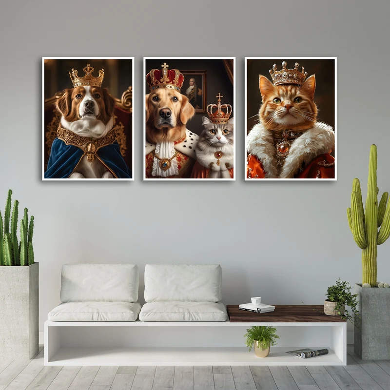 تابلو بکلیت طرح دکوراتیو گربه و سگ اشرافی و سلطنتی کد W-MR-1093 فریم سفید مجموعه 3 عددی