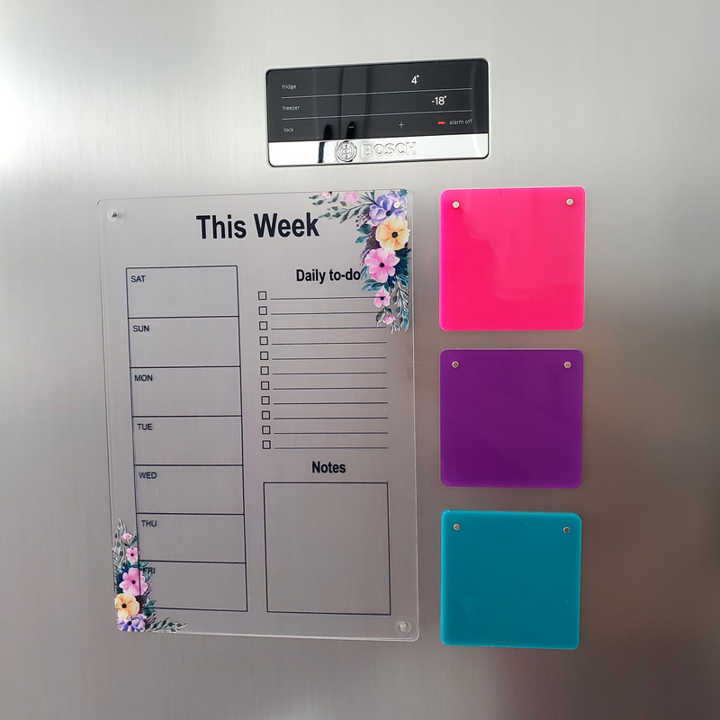 تخته وایت برد مدل پلنر هفتگی طرح گل دار سایز 20*30 سانتی متر به همراه استیکر مجموعه 4 عددی