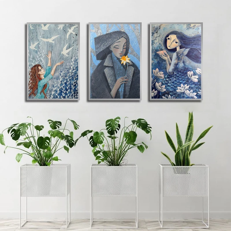 تابلو بکلیت طرح نقاشی مدرن چهره مدل SI-3847 فریم نقره ای مجموعه 3 عددی