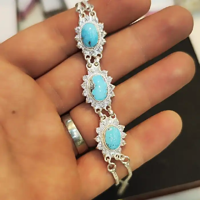 دستبند نقره زنانه مدل سنگ فیروزه نیشابور کد 748
