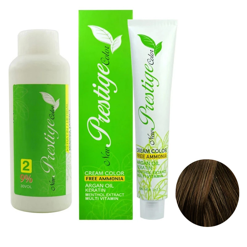 رنگ مو نیو پرستیژ کالر شماره 6.3 حجم 100 میلی لیتر رنگ بلوند زیتونی تیره به همراه اکسیدان نیو پرستیژ کالر مدل 2 نه درصدی حجم 150 میلی لیتر