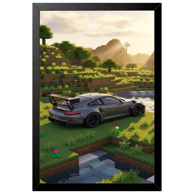 تابلو بکلیت طرح گیمینگ ماشین و خودرو پورشه PORSCHE 911 GT3 RS و ماینکرفت Minecraft مدل B-po2330 فریم مشکی