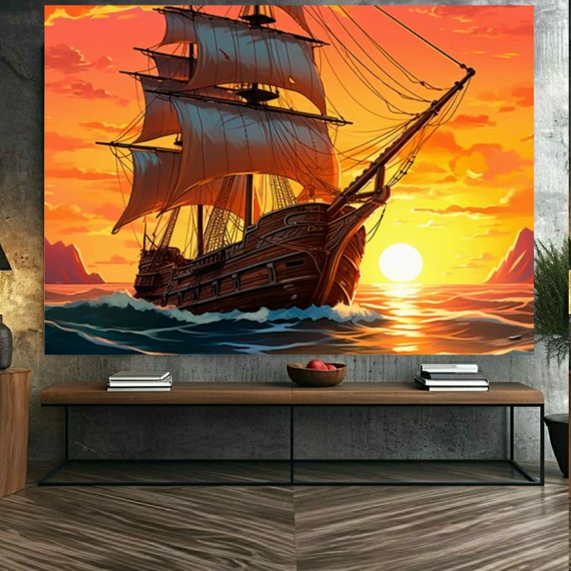 تابلو بوم طرح مخمل کشتی غولپیکر مدل طلوع خورشید کد BK23458
