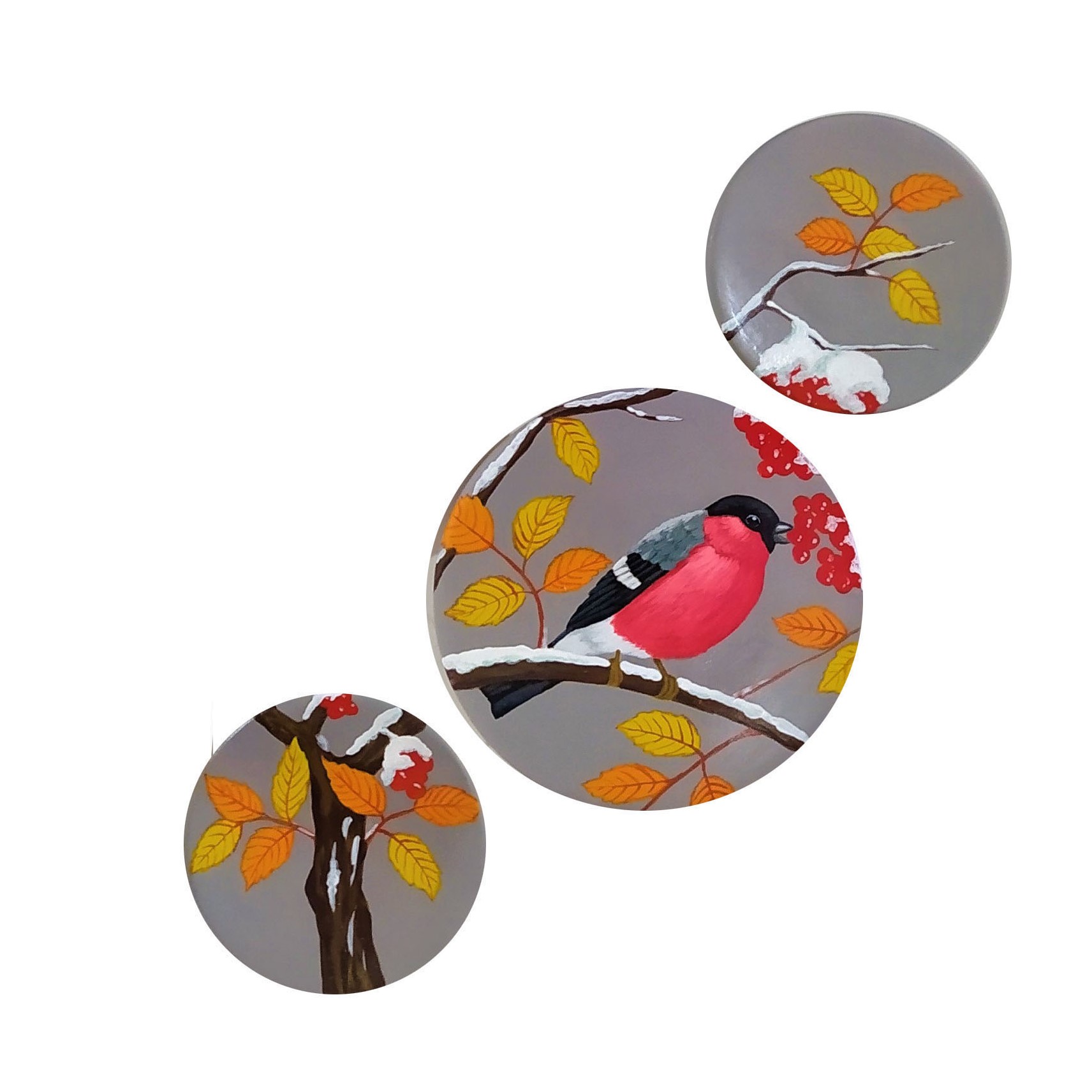 بشقاب دیوارکوب سفالی طرح پرنده زمستانی کد p3 مجموعه 3 عددی