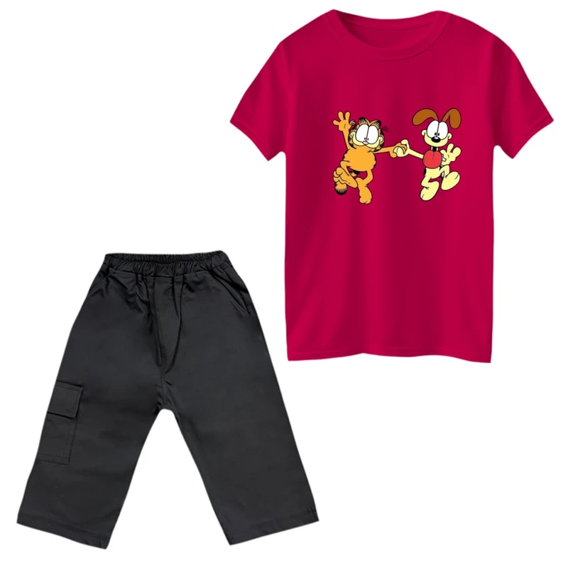 ست تی‌شرت و شلوارک پسرانه مدل گارفیلد کد 16 رنگ سرخابی