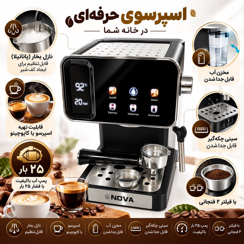 اسپرسوساز خانگی نوا مدل NCM-173، نیمه‌اتوماتیک، 25 بار ، نازل بخار دستی قابل تنظیم، مخزن آب جداشدنی، سینی چکه‌گیر جداشدنی، فیلتر دبل و نشانگر فشار بخار