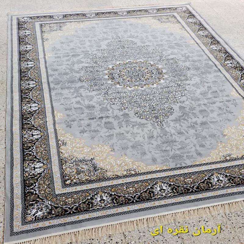 فرش ماشینی 500 شانه زمینه طوسی زیتونی کرم سفید مشکی مدل 78904322