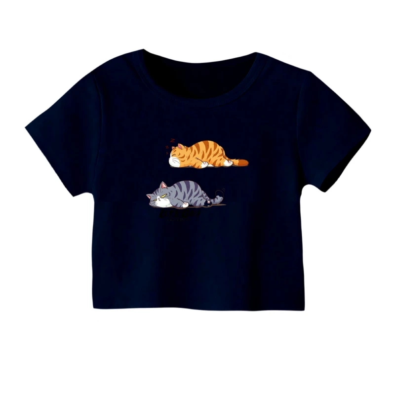 کراپ‌ تی‌شرت آستین کوتاه زنانه مدل گربه خسته رنگ سرمه ای