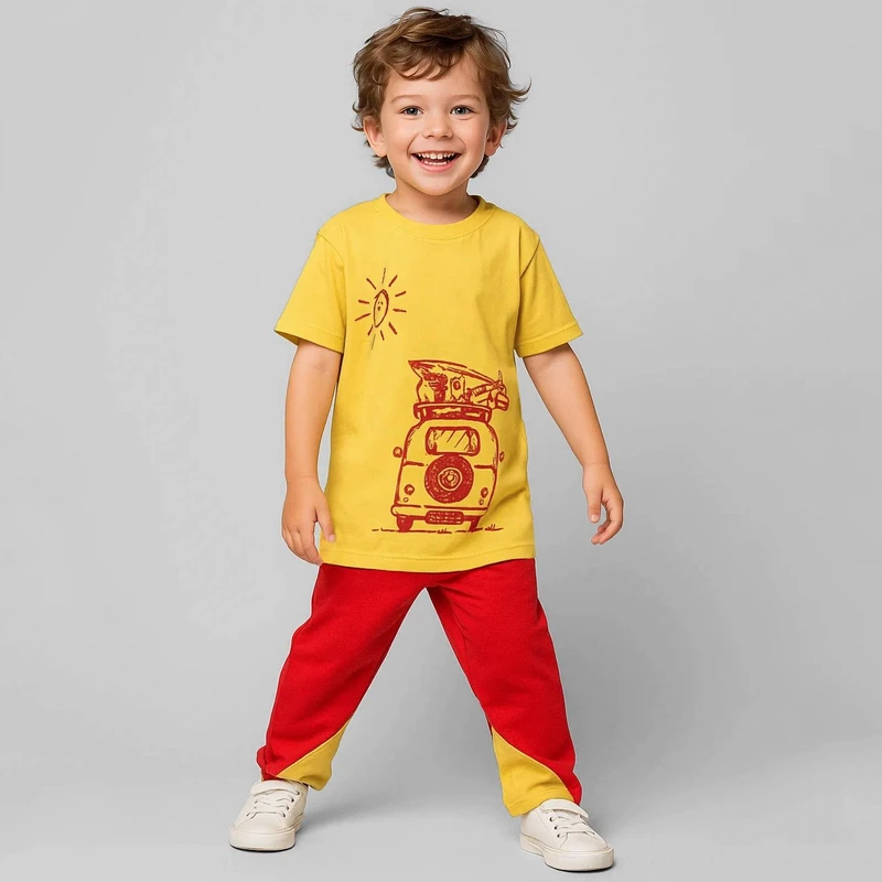 ست تی شرت و شلوارک پسرانه مدل c23 رنگ زرد