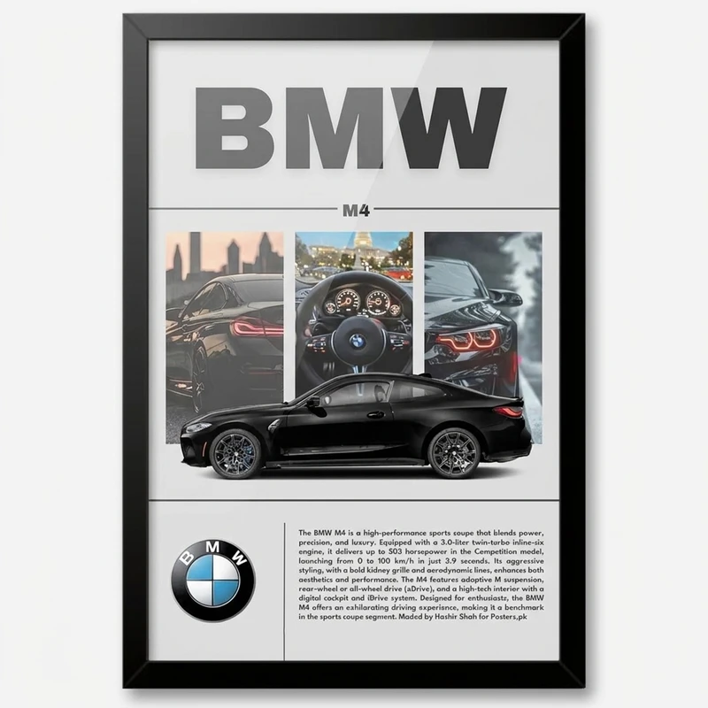 تابلو بکلیت طرح ماشین و خودرو بی ام و BMW M4 مدل B-po1882 فریم مشکی