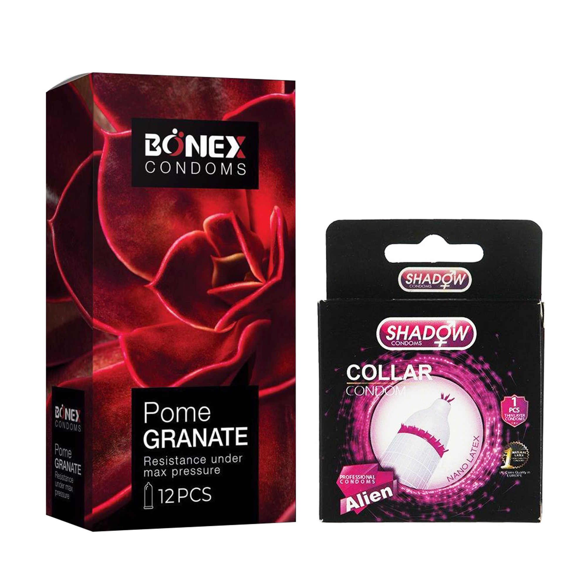 کاندوم بونکس مدل Pomegranate بسته 12 عددی به همراه کاندوم شادو مدل Collar