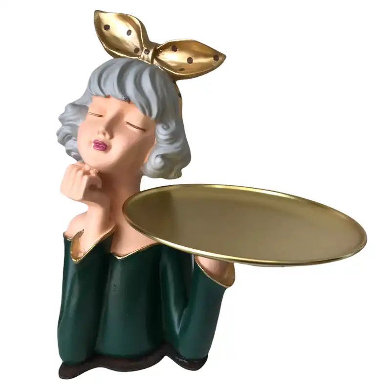مجسمه هوم لوکس مدل دختر سینی فلزی به دست