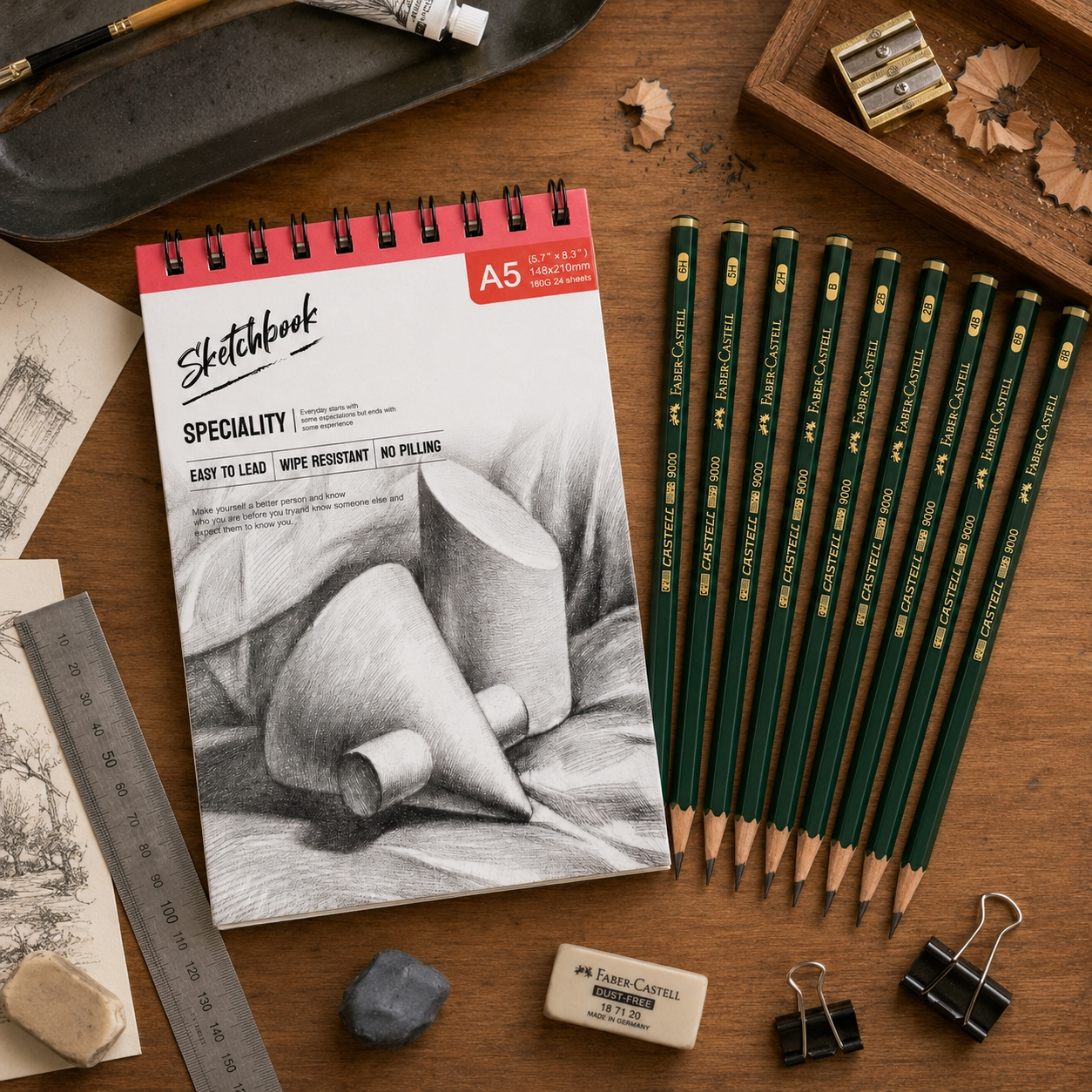 مداد طراحی فابرکاستل با درجه سختی 6H-8B مدل CASTELL 9000 به همراه دفتر مجموعه 11 عددی