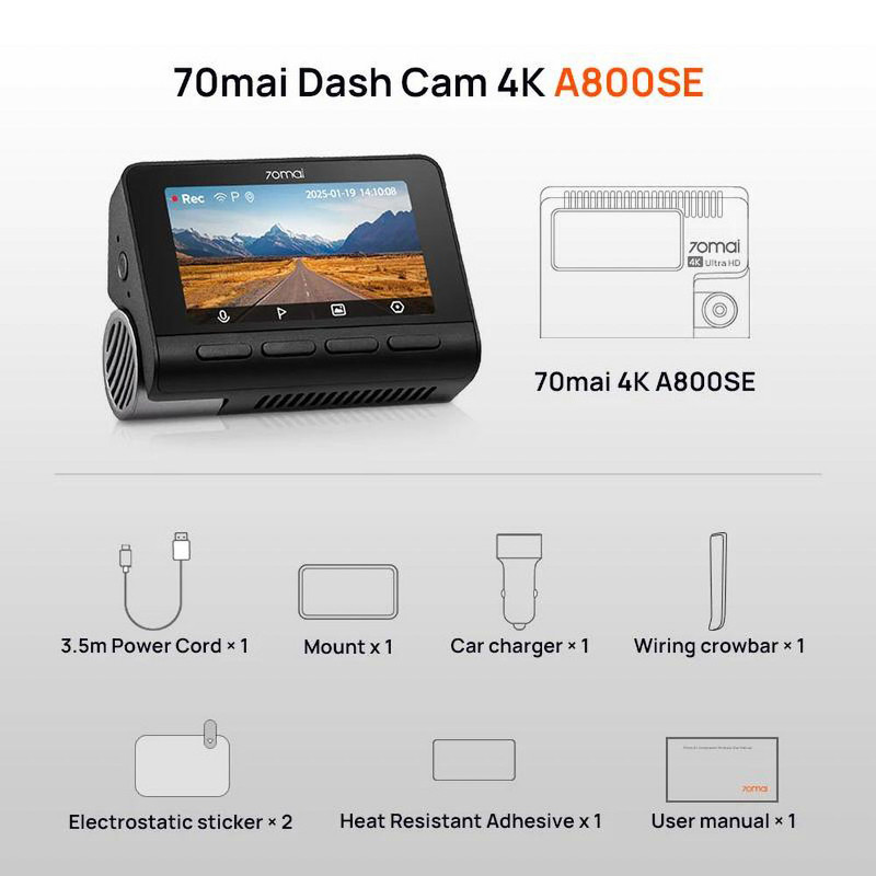 دوربین ثبت وقایع خودرو سونتی می مدل 70mai Dash Cam 4K A800SE Set کد A800SE به همراه دوربین عقب
