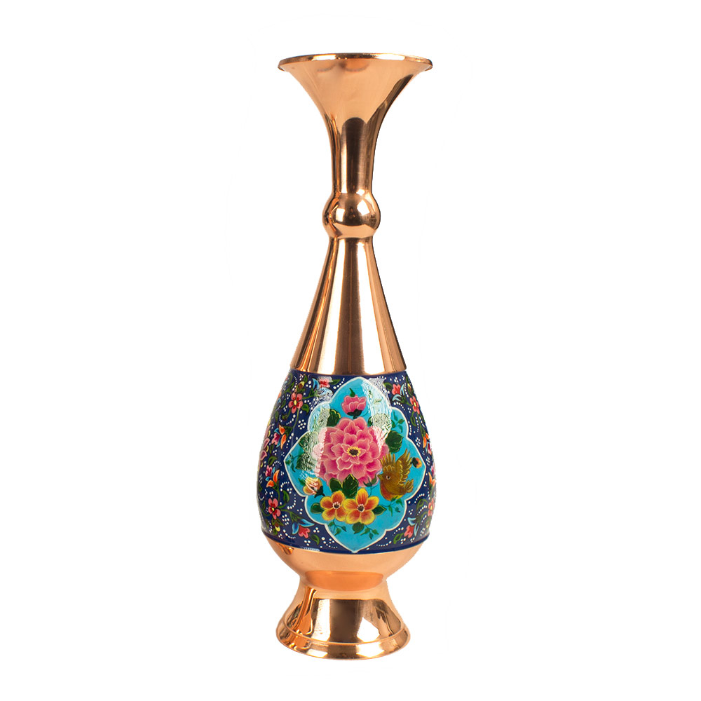 گلدان میناکاری مسی طرح گل و مرغ کد 30