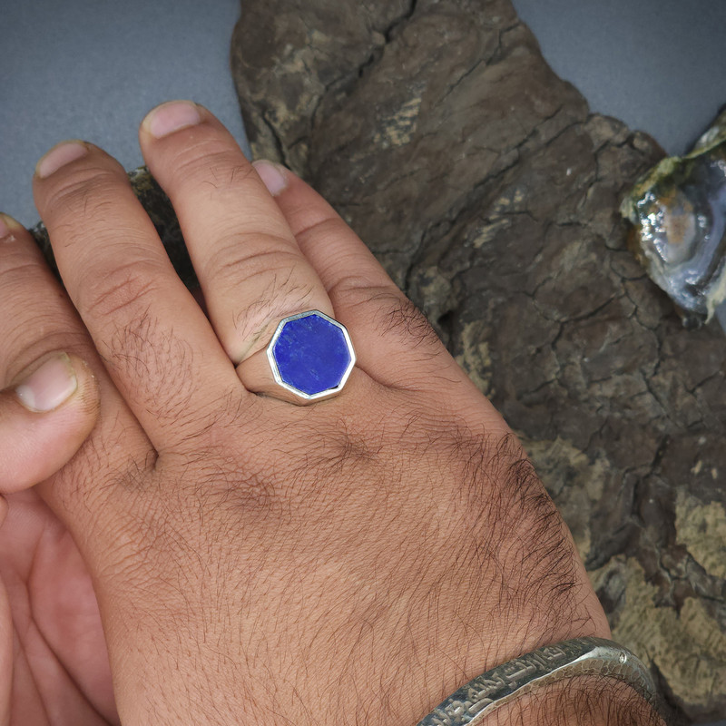 انگشتر نقره مردانه دلی جم مدل شش ضلعی با سنگ لاجورد طبیعی