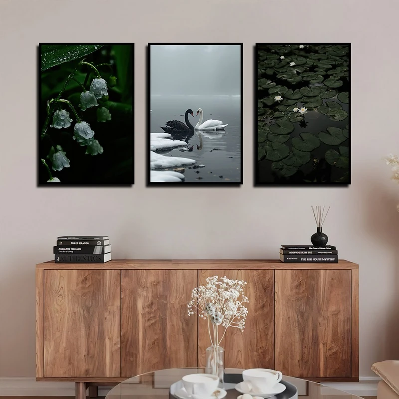 تابلو بکلیت طرح طبیعت و پرنده قو مدل B-4034 فریم مشکی مجموعه 3 عددی