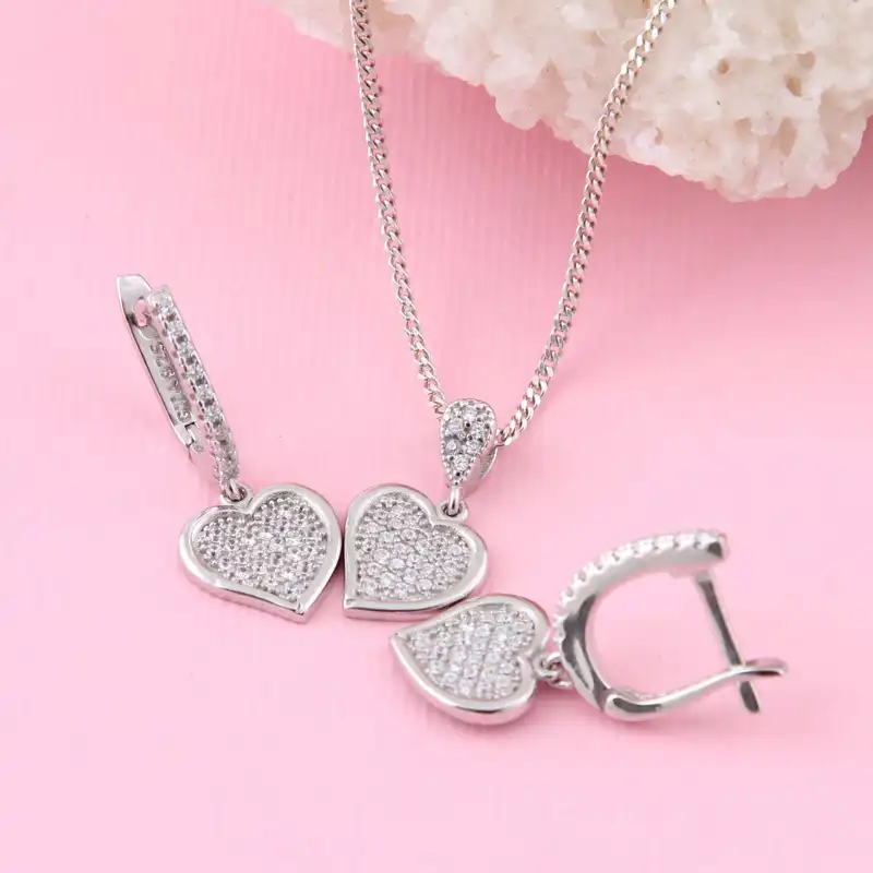 نیم ست نقره زنانه بازرگانی میلادی مدل قلب فانتزی قالب جواهر فول نگین بدون ریزش کد NTR_410