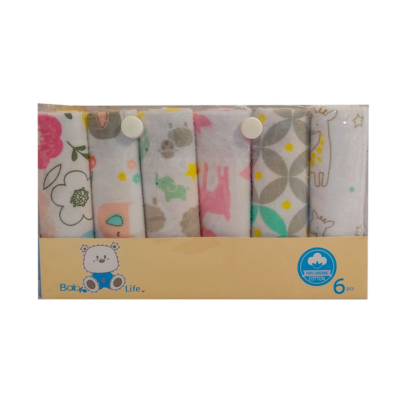 دستمال دست و صورت نوزاد بی بی فور لایف مدل 1958.1 طرح گلدار بسته 6 عددی