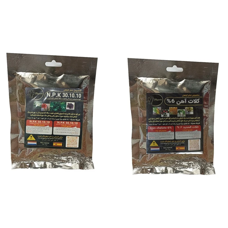کلات آهن 6 درصد و کود سبزینگی و تقویت ساقه 10-10-30 مدل raw material وزن 100 گرم بسته 2 عددی
