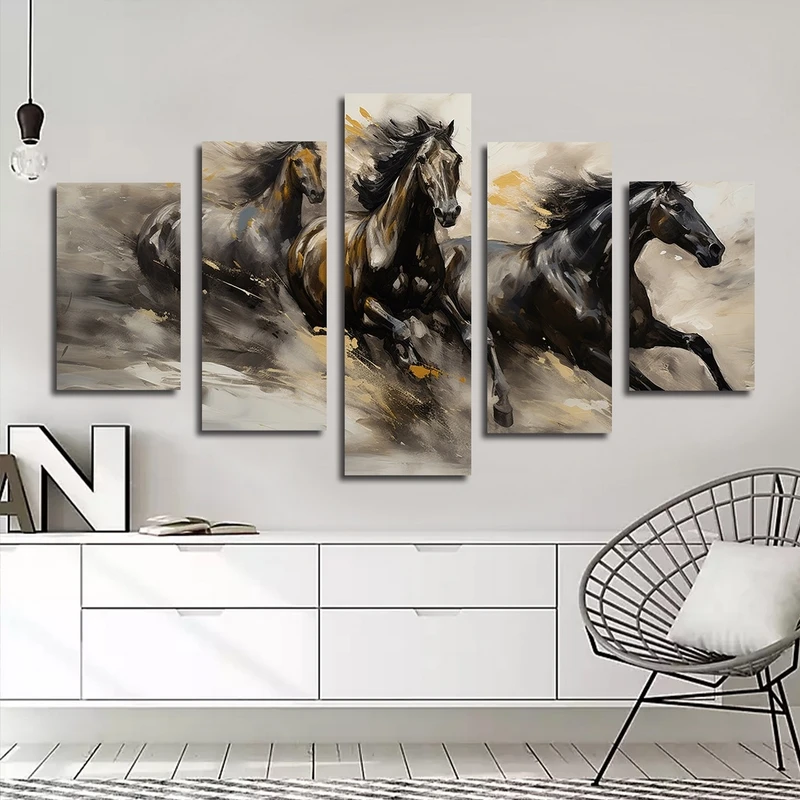 تابلو شاسی بکلیت طرح نقاشی اسب سیاه مدل SH-2515 مجموعه 5 عددی