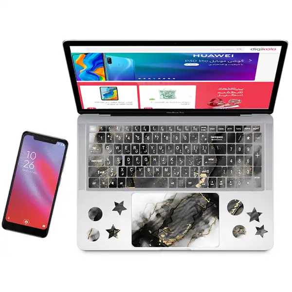 استیکر لپ تاپ راتیانا مدل marble 21 مناسب برای لپ تاپ 15 تا 17 اینچ به همراه برچسب حروف فارسی کیبورد