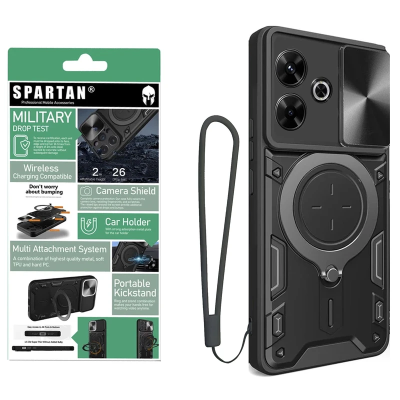 کاور اسپارتان مدل Magnet Ring Strap مناسب برای گوشی موبایل شیائومی Redmi 13 /Poco M6/ Note 13R به همراه بند آویز