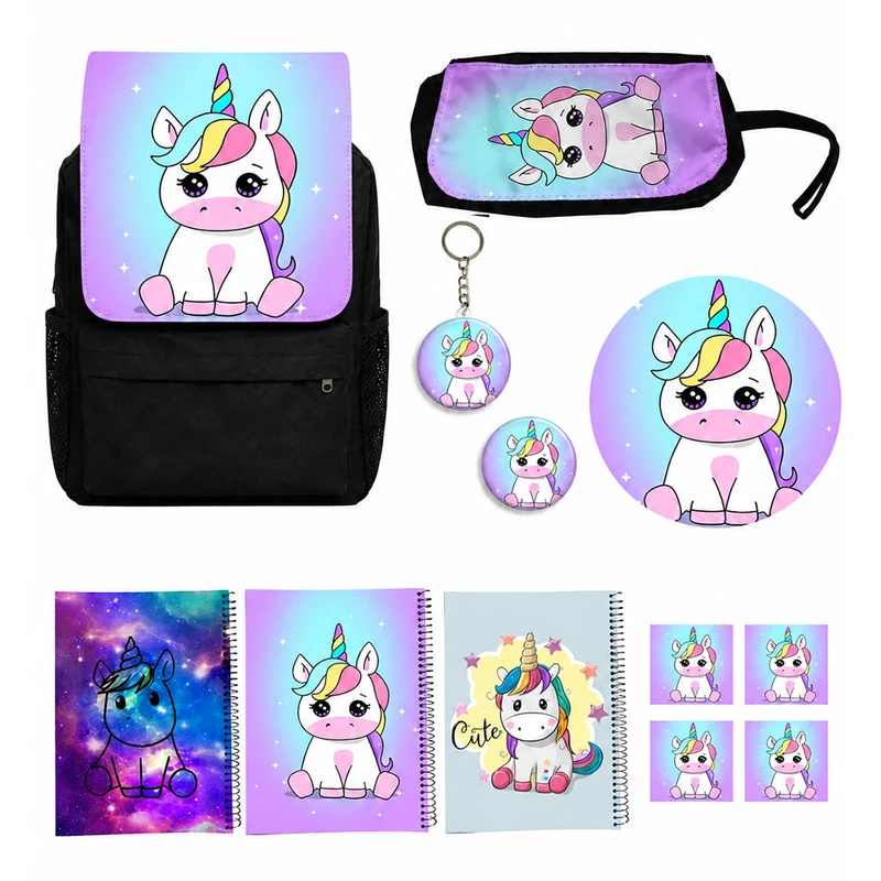 کوله پشتی مدل یونیکورن تک شاخ کد A2 Unicorn به همراه دفتر مشق و جامدادی و زیر لیوانی و جاکلیدی مجموعه 12 عددی