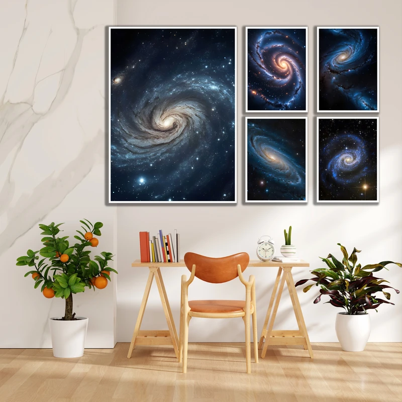 تابلو بکلیت مدل قاب شاسی طرح دکوراتیو منظومه شمسی و کهکشان کد W-MR-1063 فریم سفید مجموعه 5 عددی