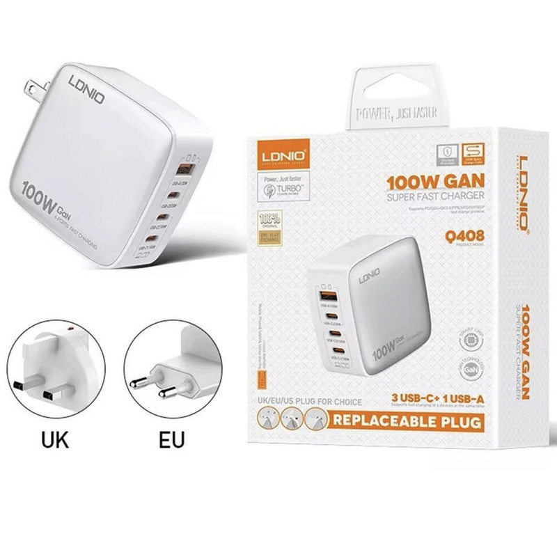 شارژر دیواری ۱۰۰ وات ۴ پورت الدینیو مدل Q408 به همراه کابل USB-C