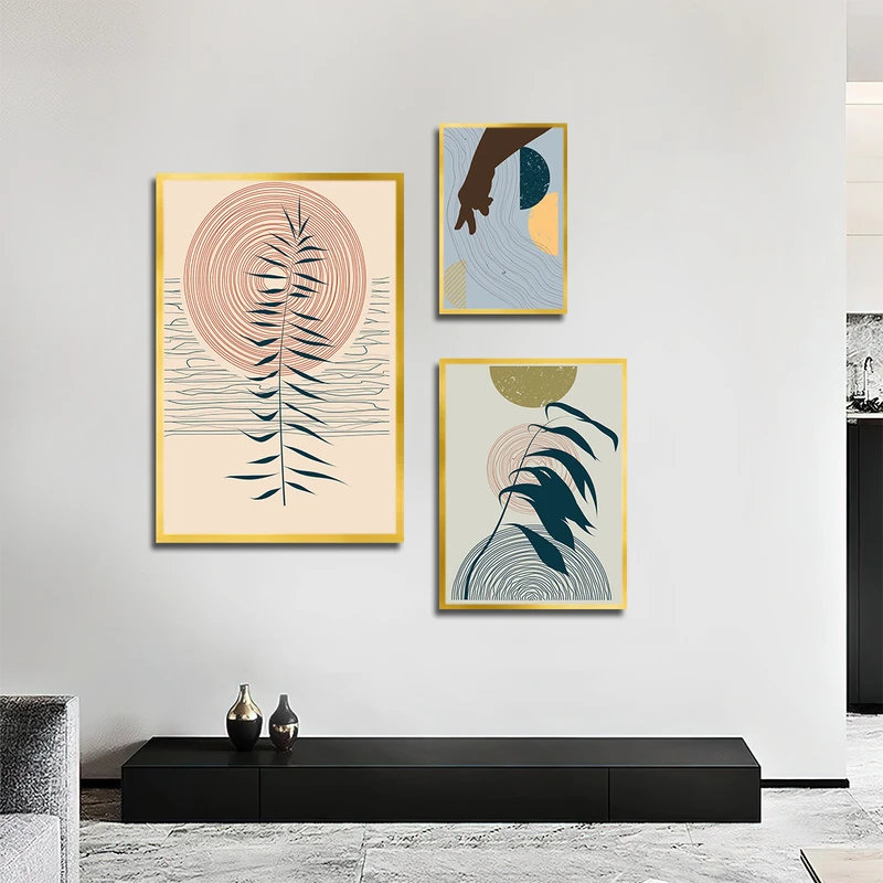 تابلو بکلیت طرح نقاشی مینیمال برگ و خورشید مدل T-3251 مجموعه 3 عددی