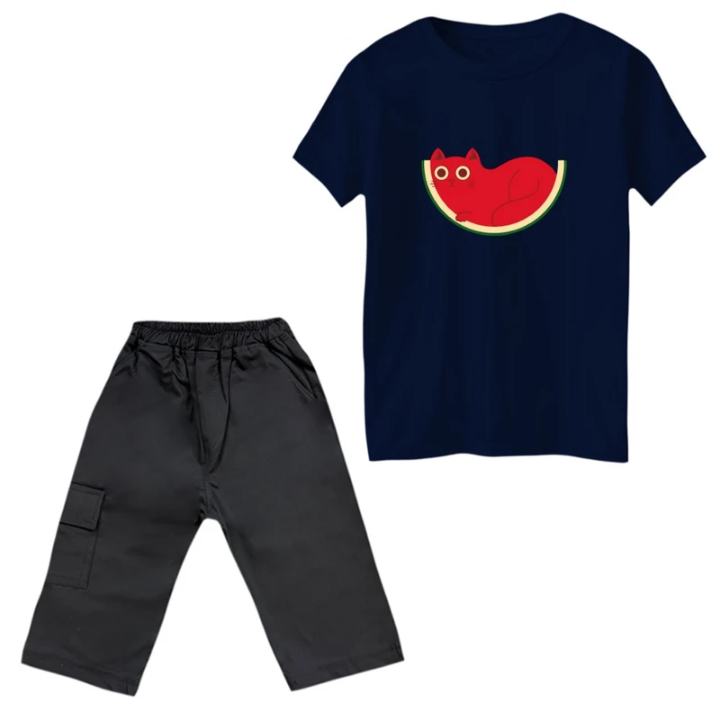 ست تی‌شرت و شلوارک دخترانه مدل گربه یلدایی