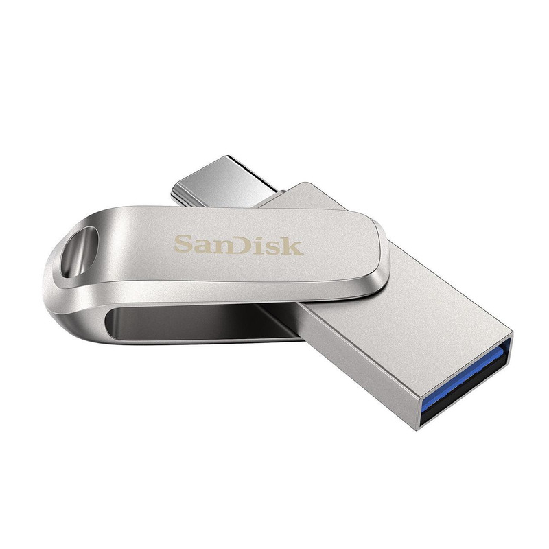 فلش مموری سن دیسک مدل Dual Drive Luxe ظرفیت 128 گیگابایت با طراحی چرخشی، دو رابط USB Type-C و USB Type-A، سرعت انتقال 150 مگابایت بر ثانیه، بدنه فلزی و سازگار با موبایل، تبلت، کامپیوتر و تلویزیون