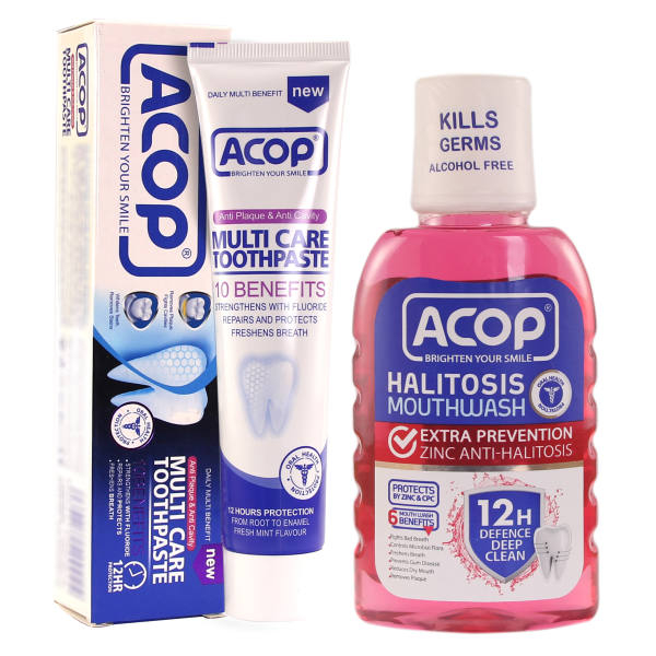 دهان شویه آکوپ مدل halitosis حجم 300 میلی لیتر به همراه خمیر دندان آکوپ مدل multi care حجم 90 میلی لیتر