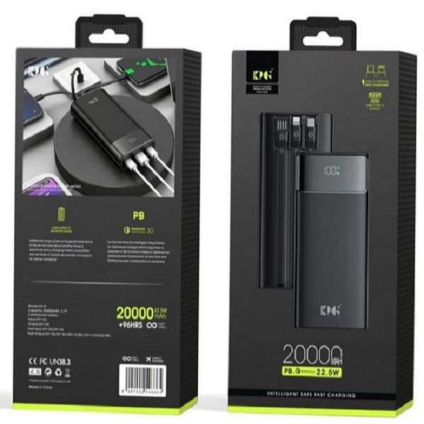 پاوربانک 22.5 وات کی پی جی مدل KP-21 ظرفیت 20000 میلی‌آمپرساعت به همراه سه کابل USB-C، Lightning و Micro USB