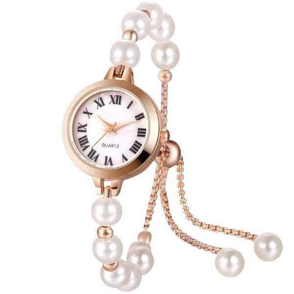 ساعت مچی عقربهای کوارتز زنانه مدل لوکس بند دستبندی مرواریدی قفل کرواتی کد 1