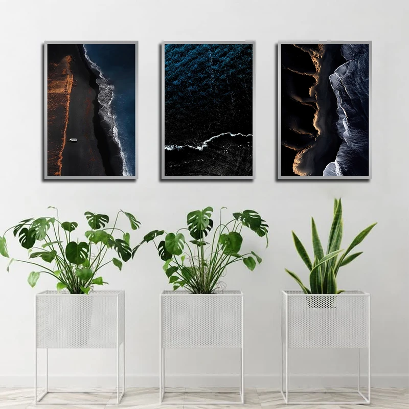 تابلو ساده بکلیت طرح ساحل و دریا مدل SI-3203 فریم نقره ای مجموعه 3 عددی