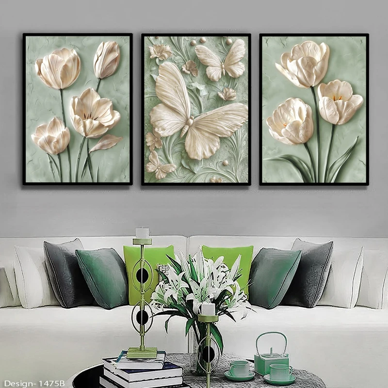 تابلو طرح دکوراتیو مدرن مدل گل و پروانه کد 1475 فریم مشکی مجموعه سه عددی